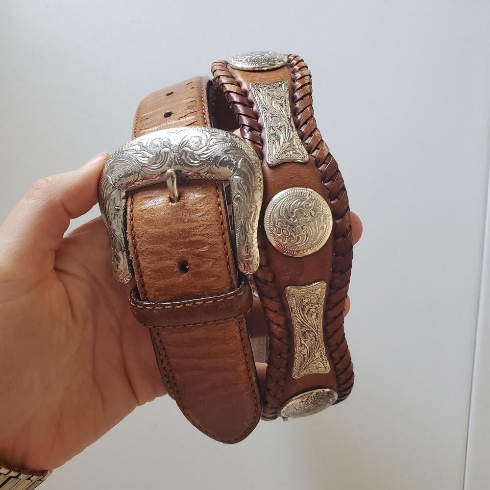 Vintage Tony Lama Belt Mens 42 Brown Leather Western Concho Studded Buckle